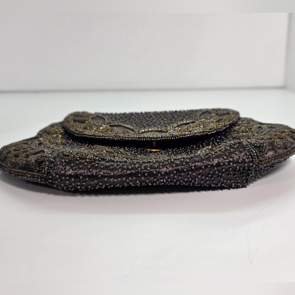 Vintage French Beaded Clutch Taupe Bronze Art Deco Evening Bag Micro Bead Floral - Picture 5 of 15